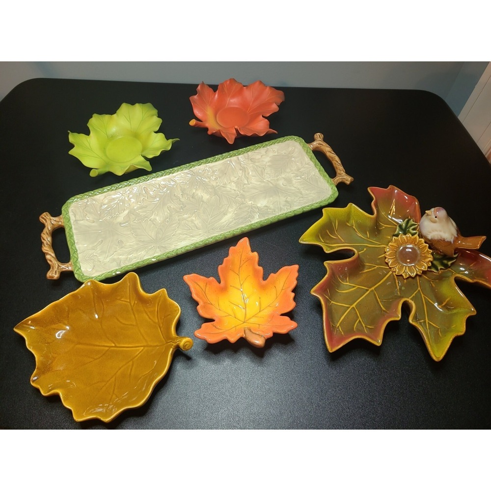 Vtg Fall Thanksgiving Decor Ceramic Maple Leaf Candy Candle Dish, Tray Lot Of 6